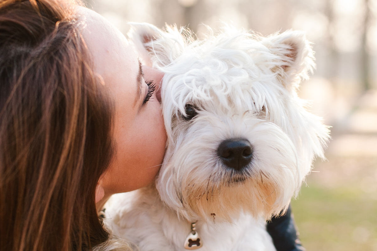 Woman kissing dog's head